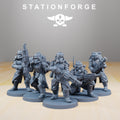 Five GrimGuard Tinkers resin miniatures by StationForge shown from the front with gas masks, trench coats, armor, backpacks, and heavy industrial weapons.