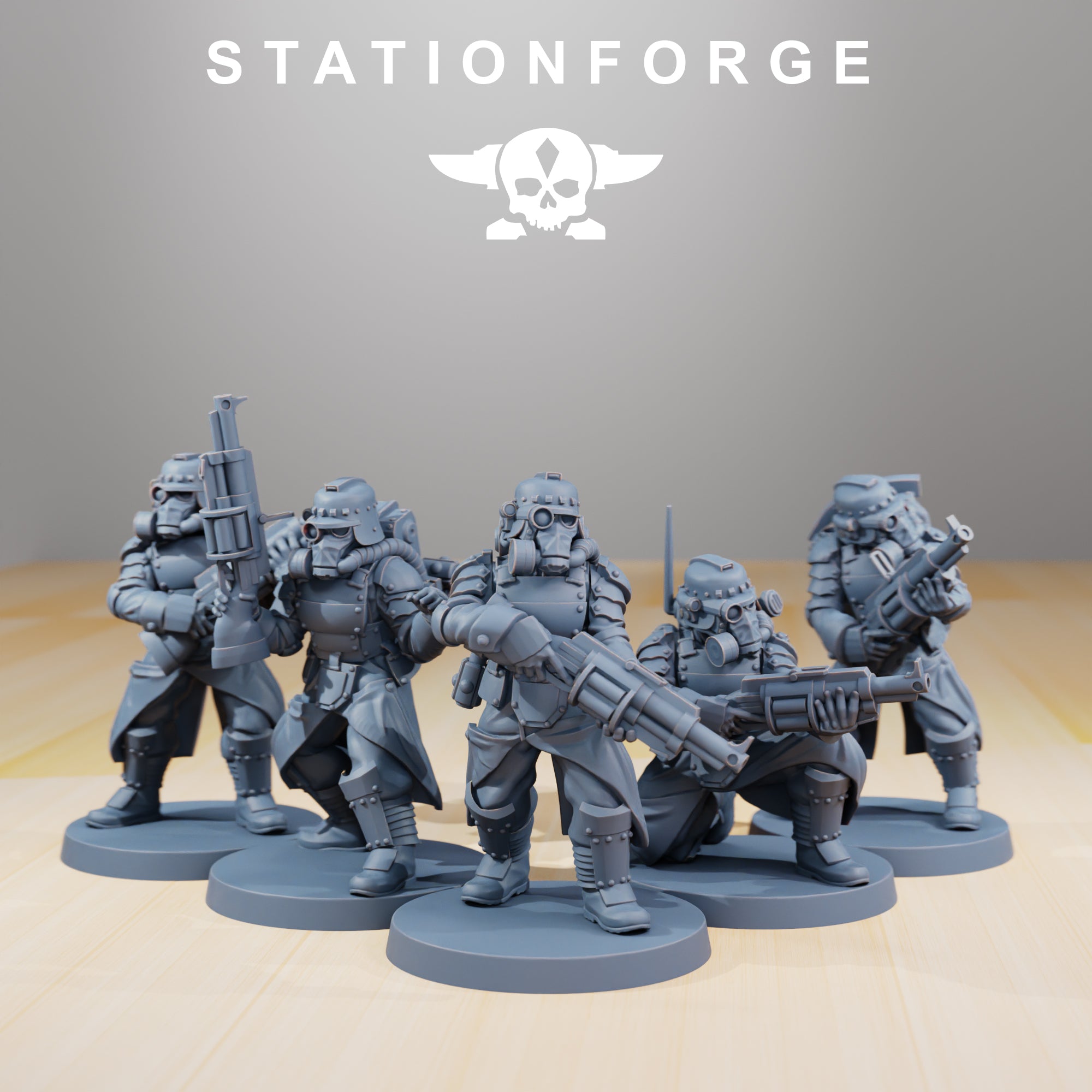 Five GrimGuard Tinkers resin miniatures by StationForge shown from the front with gas masks, trench coats, armor, backpacks, and heavy industrial weapons.