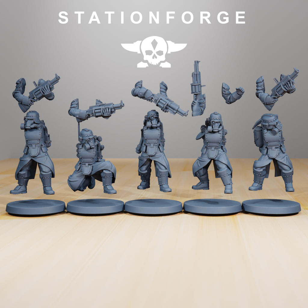 GrimGuard Tinkers resin miniatures with modular weapon arm options displayed above the squad.