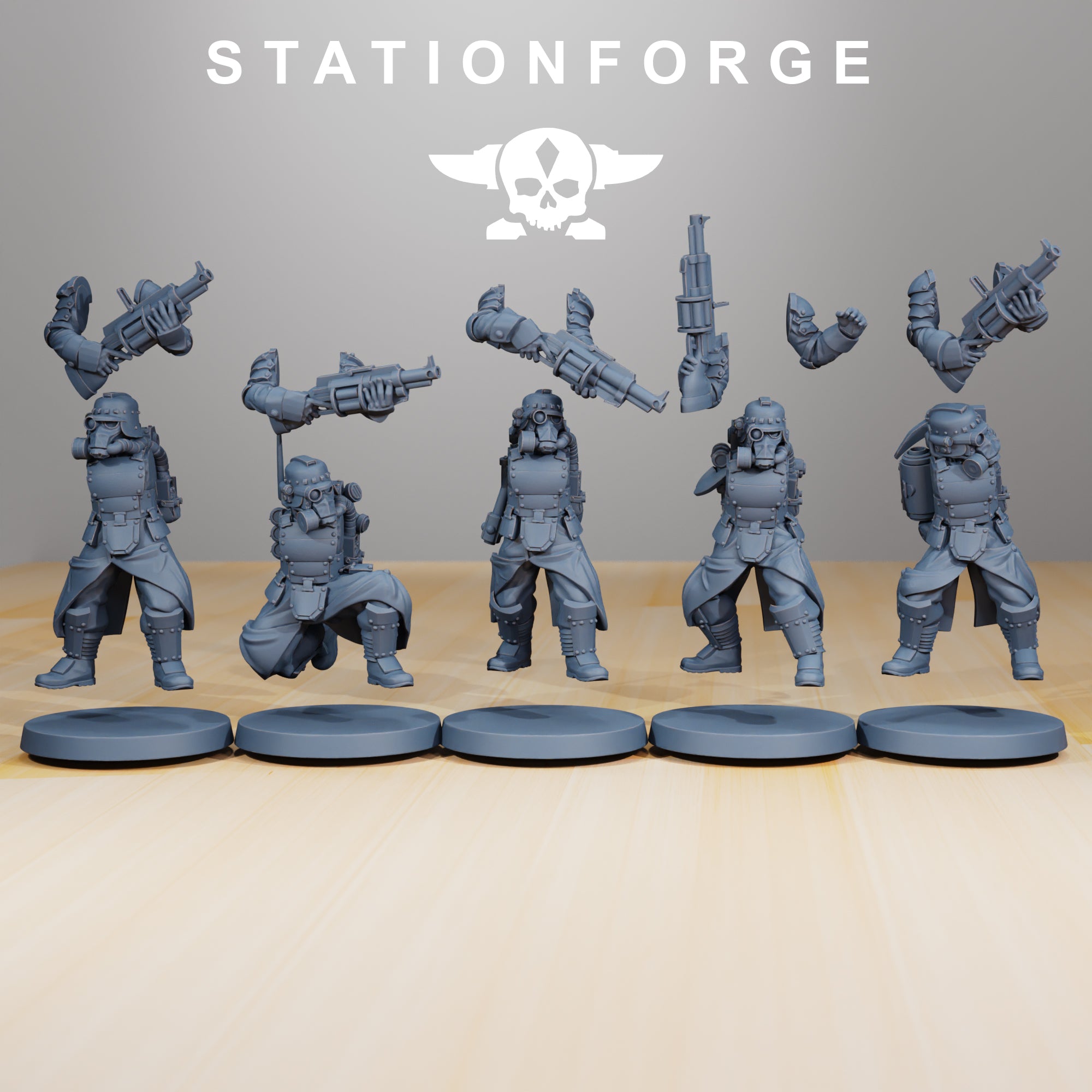 GrimGuard Tinkers resin miniatures with modular weapon arm options displayed above the squad.