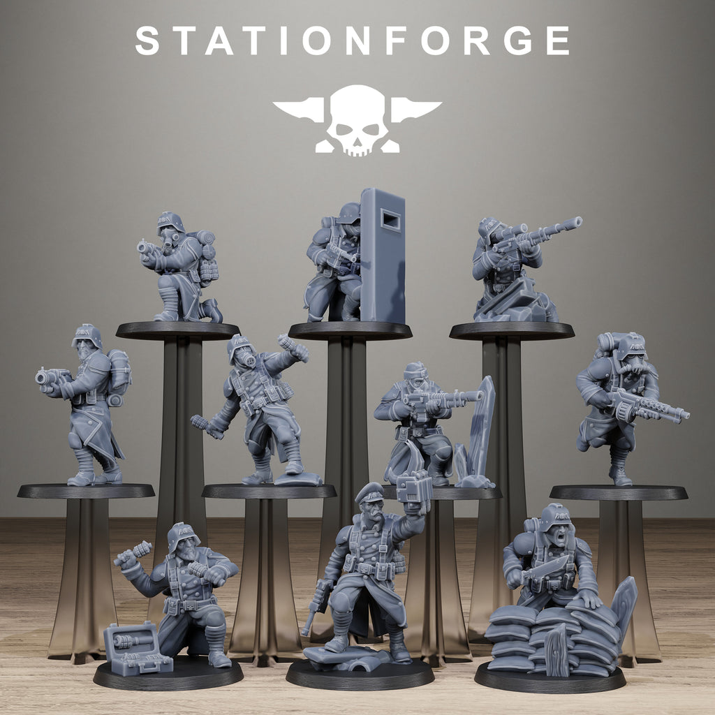 GrimGuard Trench Raiders resin miniature squad by StationForge featuring ten sci-fi trench infantry models with gas masks, rifles, grenades, packs, cover poses, and battlefield gear.