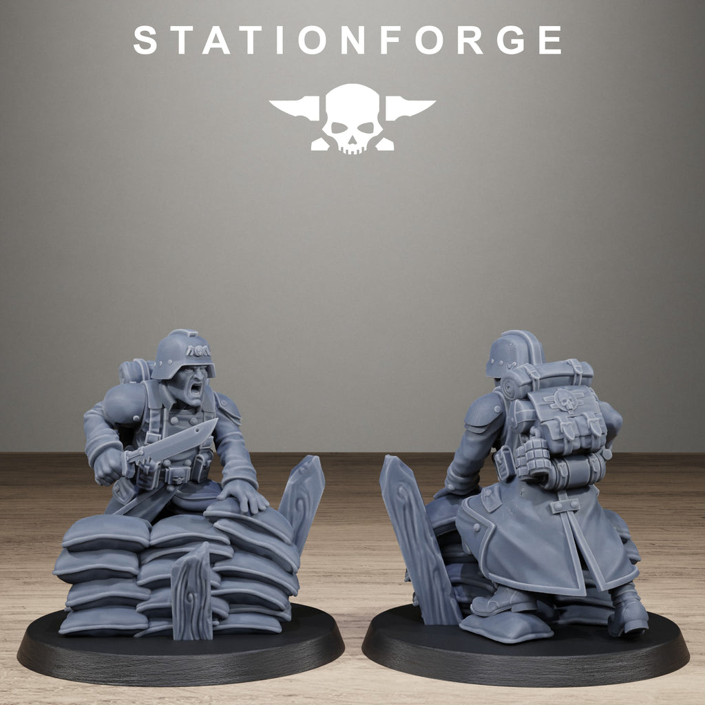 GrimGuard Trench Raider resin miniature by StationForge posed behind sandbags with knife, backpack, helmet, long coat, and trench warfare gear.