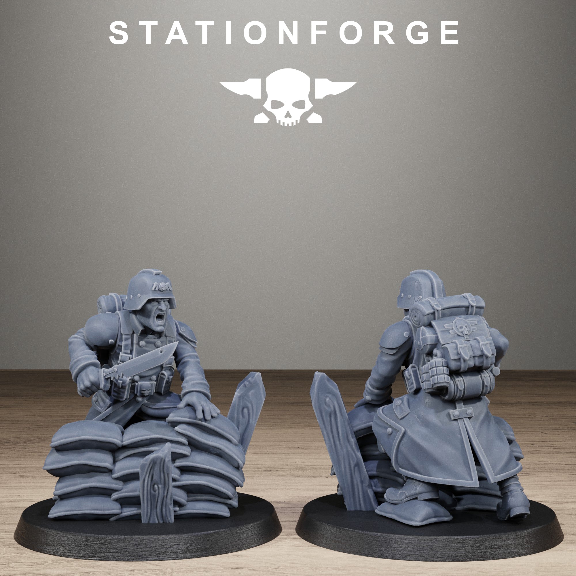 GrimGuard Trench Raider resin miniature by StationForge posed behind sandbags with knife, backpack, helmet, long coat, and trench warfare gear.