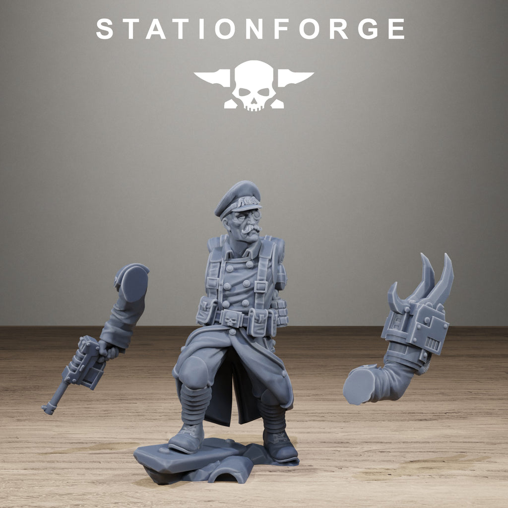 Modular GrimGuard Trench Raiders resin miniature parts by StationForge showing bodies, heads, arms, weapons, banner, rifles, and assembly components.