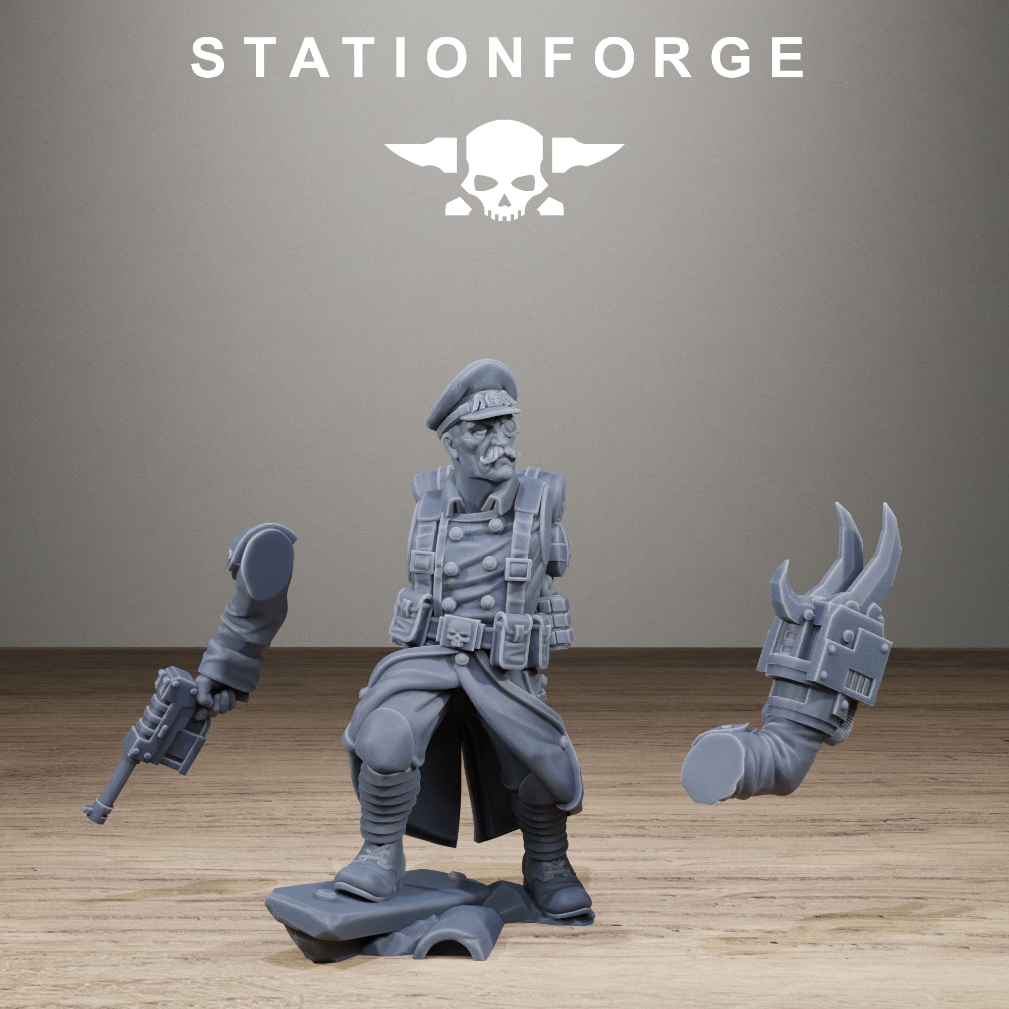 Modular GrimGuard Trench Raiders resin miniature parts by StationForge showing bodies, heads, arms, weapons, banner, rifles, and assembly components.