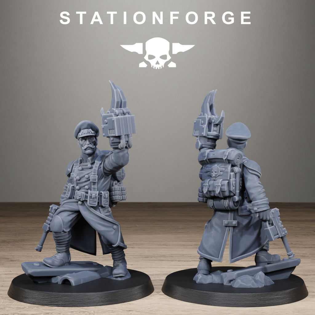 GrimGuard Trench Raider resin miniature holding a raised breaching weapon with helmet, backpack, long coat, and battlefield base details.