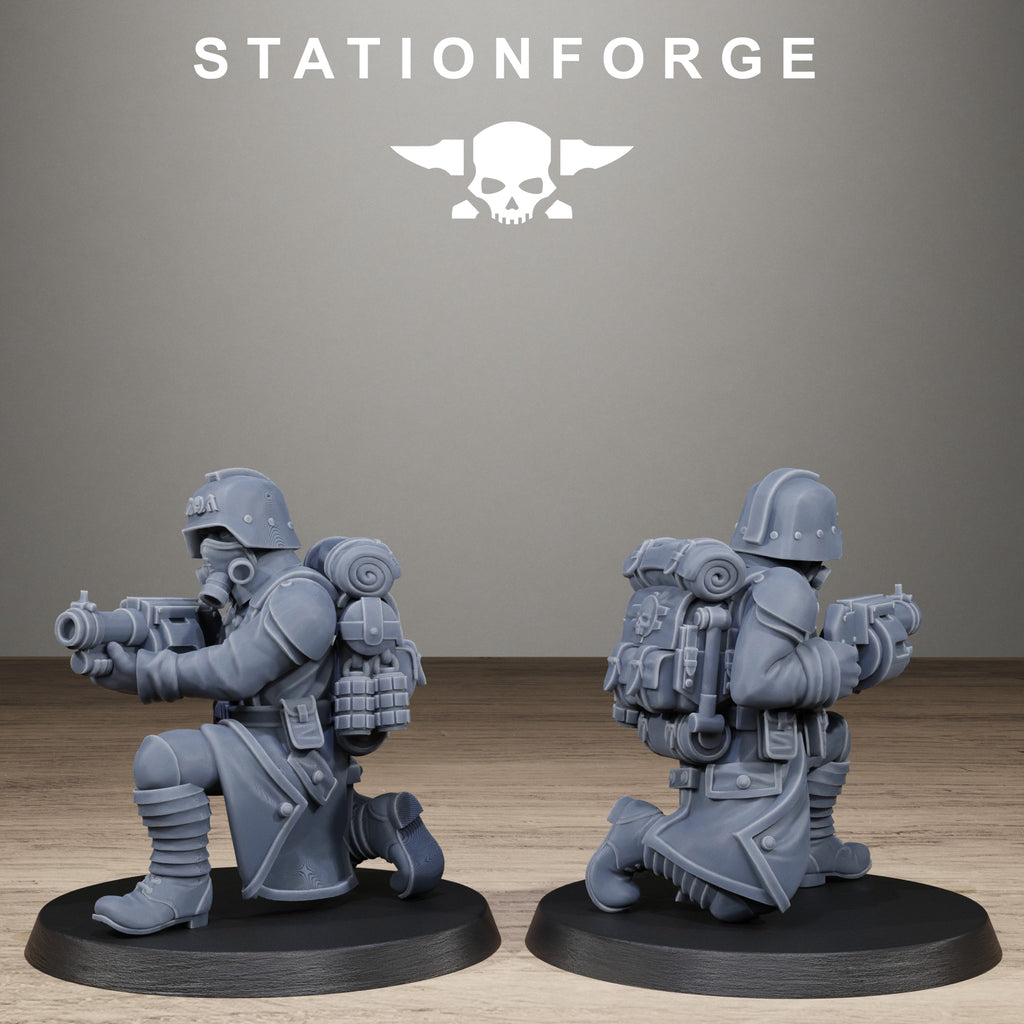 GrimGuard Trench Raider kneeling resin miniature aiming a rifle from cover with backpack, helmet, long coat, and trench gear.