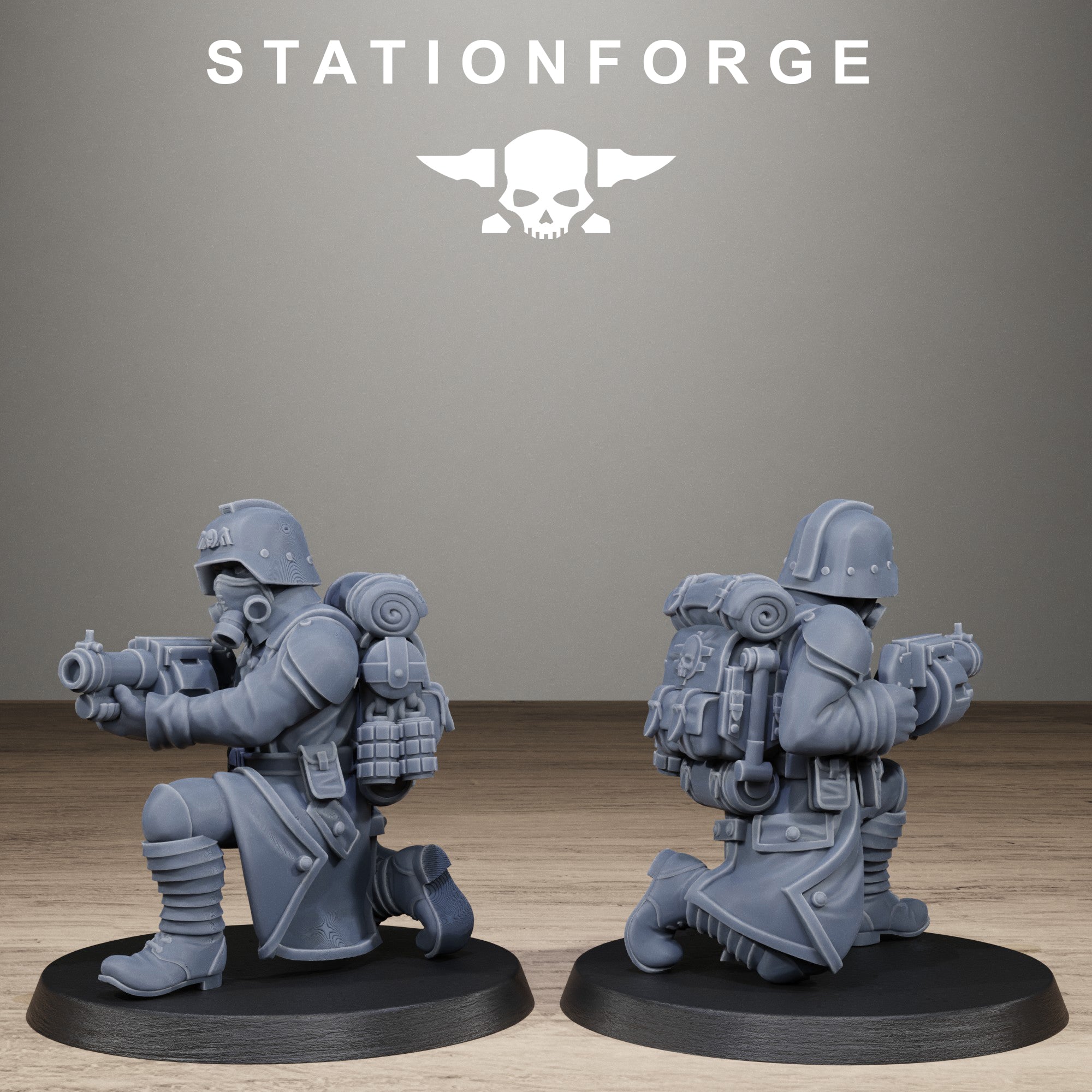 GrimGuard Trench Raider kneeling resin miniature aiming a rifle from cover with backpack, helmet, long coat, and trench gear.