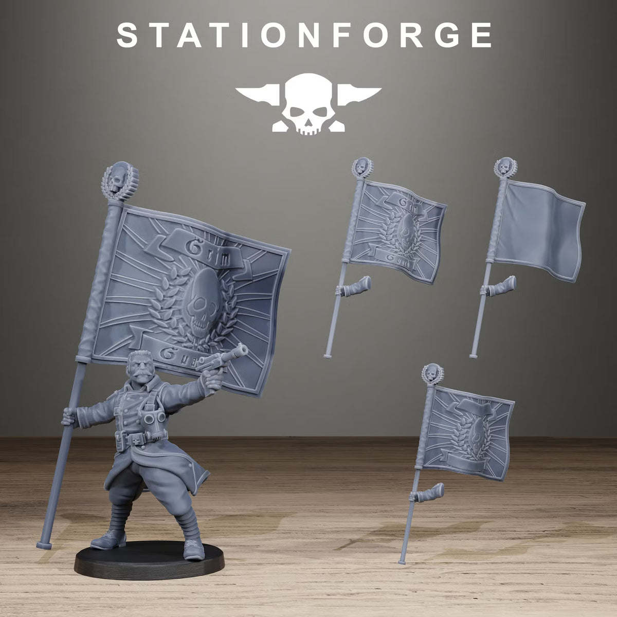 GrimGuard Unmasked Infantry banner bearer sci-fi resin miniature by StationForge