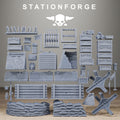 Grimguard War Terrain Bits resin scatter terrain set by Station Forge with crates, sandbags, barricades, tank traps, and battlefield accessories.