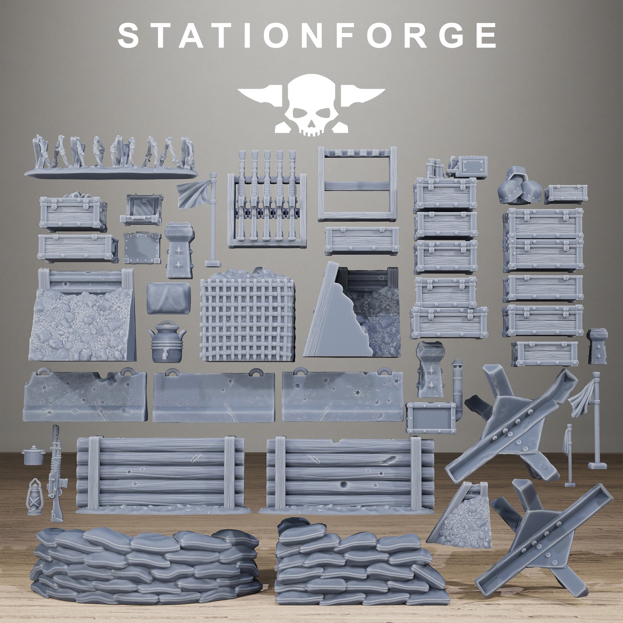 Grimguard War Terrain Bits resin scatter terrain set by Station Forge with crates, sandbags, barricades, tank traps, and battlefield accessories.