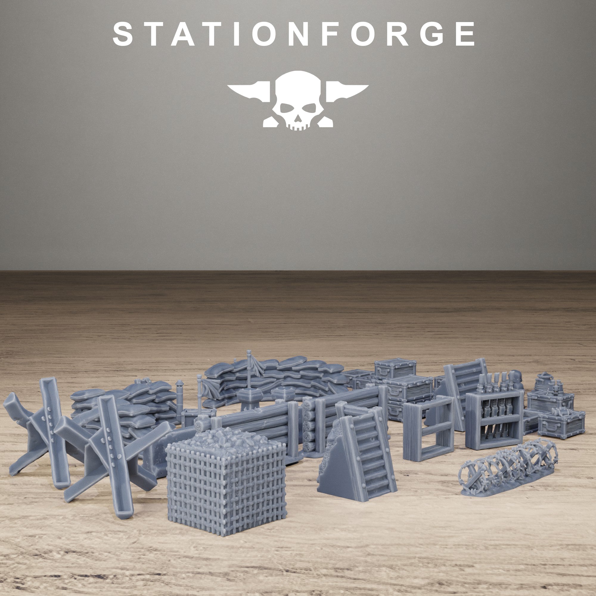 Full layout of Grimguard War Terrain Bits including barricades, wooden walls, crates, sandbags, helmets, tank traps, and battlefield supplies.