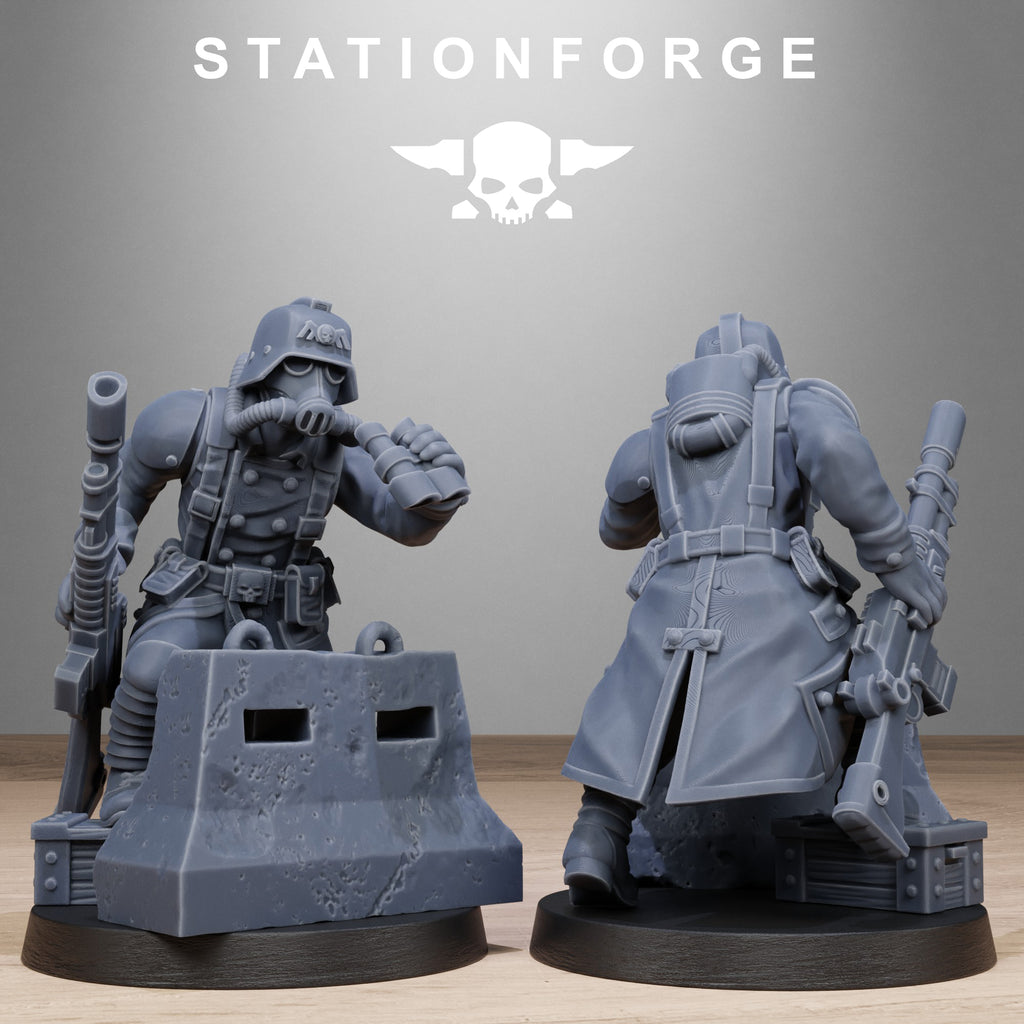 GrimGuard Battlefront resin miniature posed behind a concrete barricade with rifle, gas mask, and trench gear.