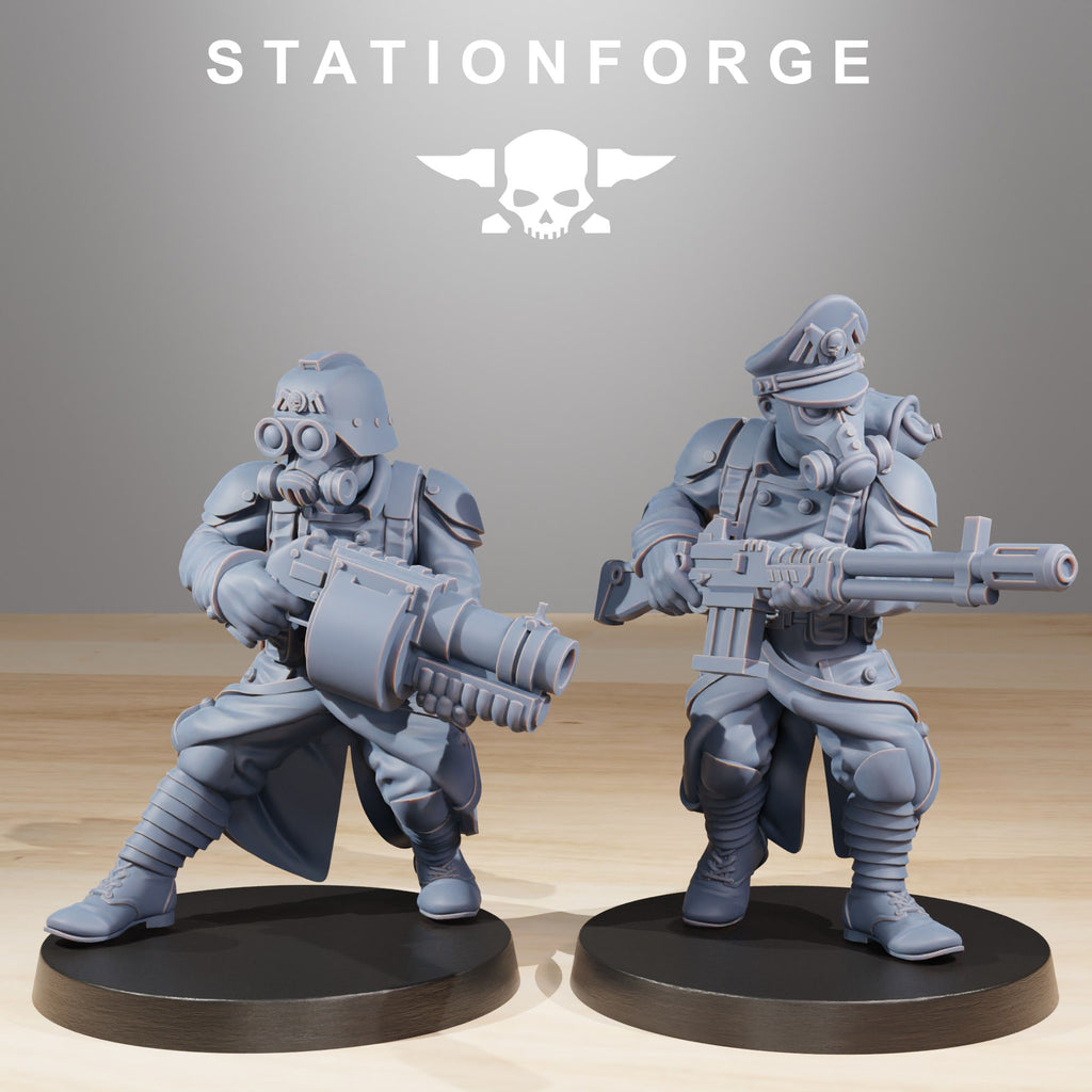Two GrimGuard infantry miniatures with heavy sci-fi weapons and military coats.