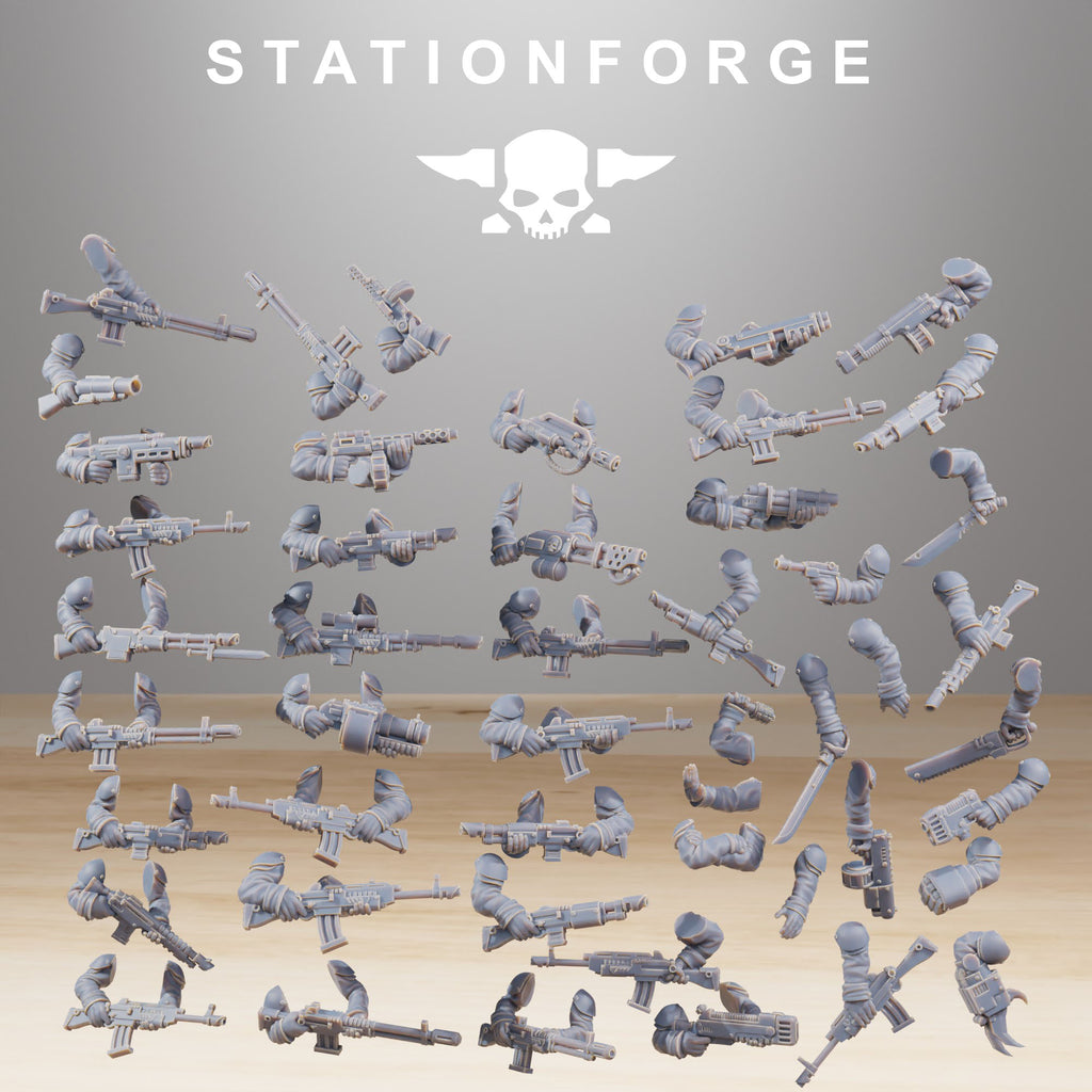 GrimGuard builder kit arms and weapon options displayed for resin miniatures.
