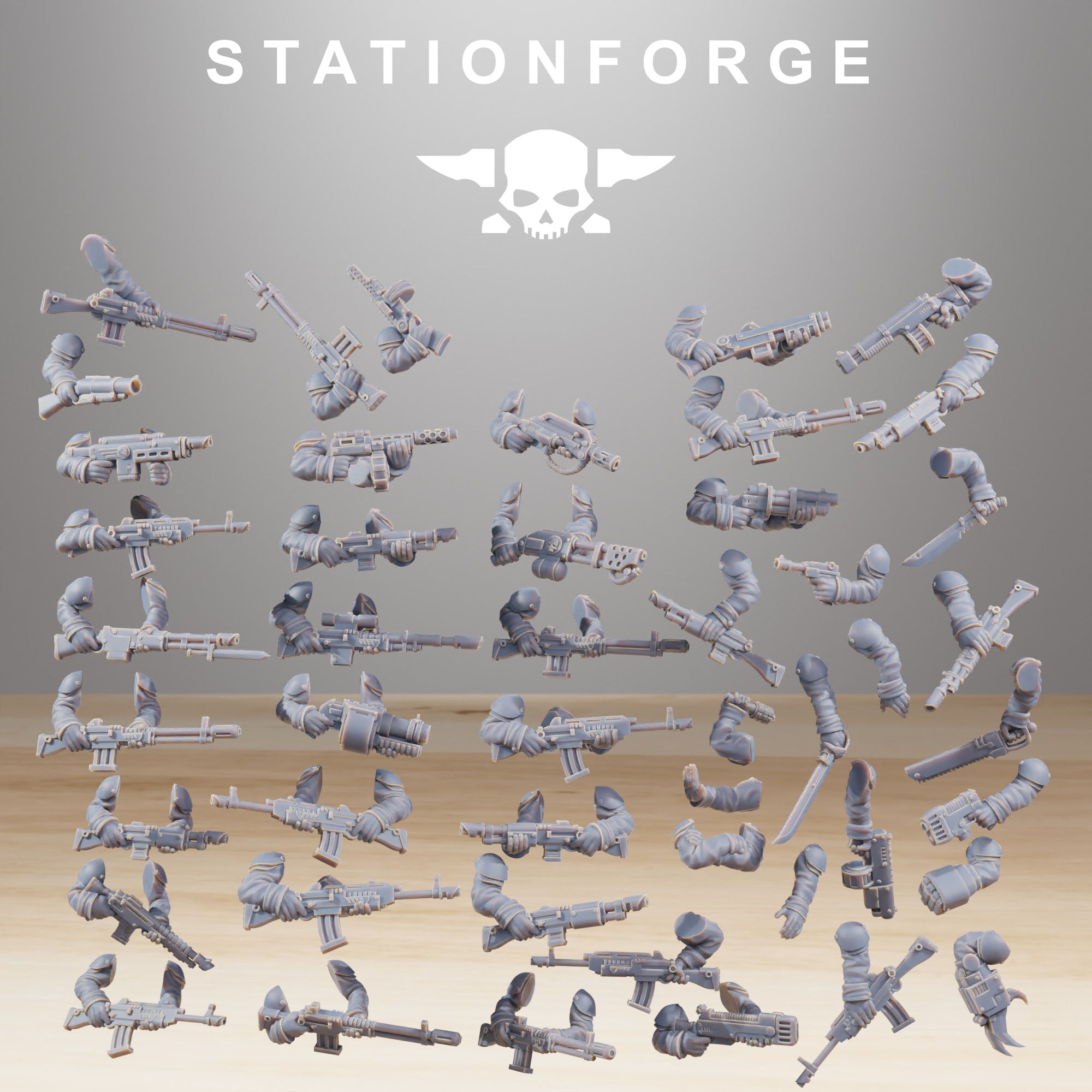GrimGuard builder kit arms and weapon options displayed for resin miniatures.