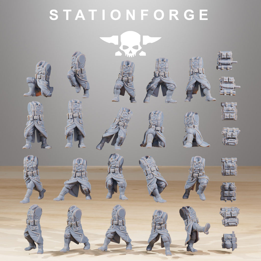 GrimGuard builder kit torsos, legs, and backpack parts for customizable miniatures.