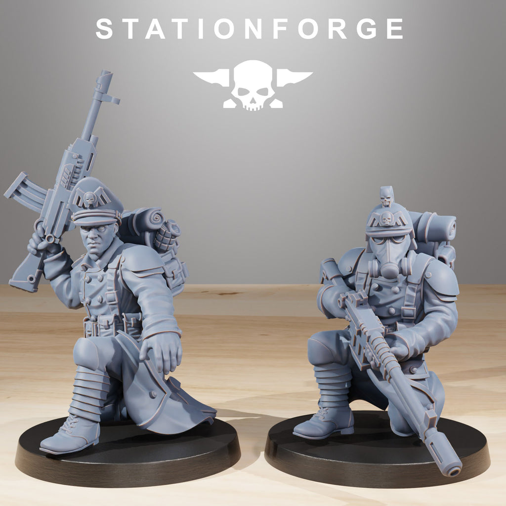 GrimGuard resin miniatures shown kneeling with rifles and gas mask details.