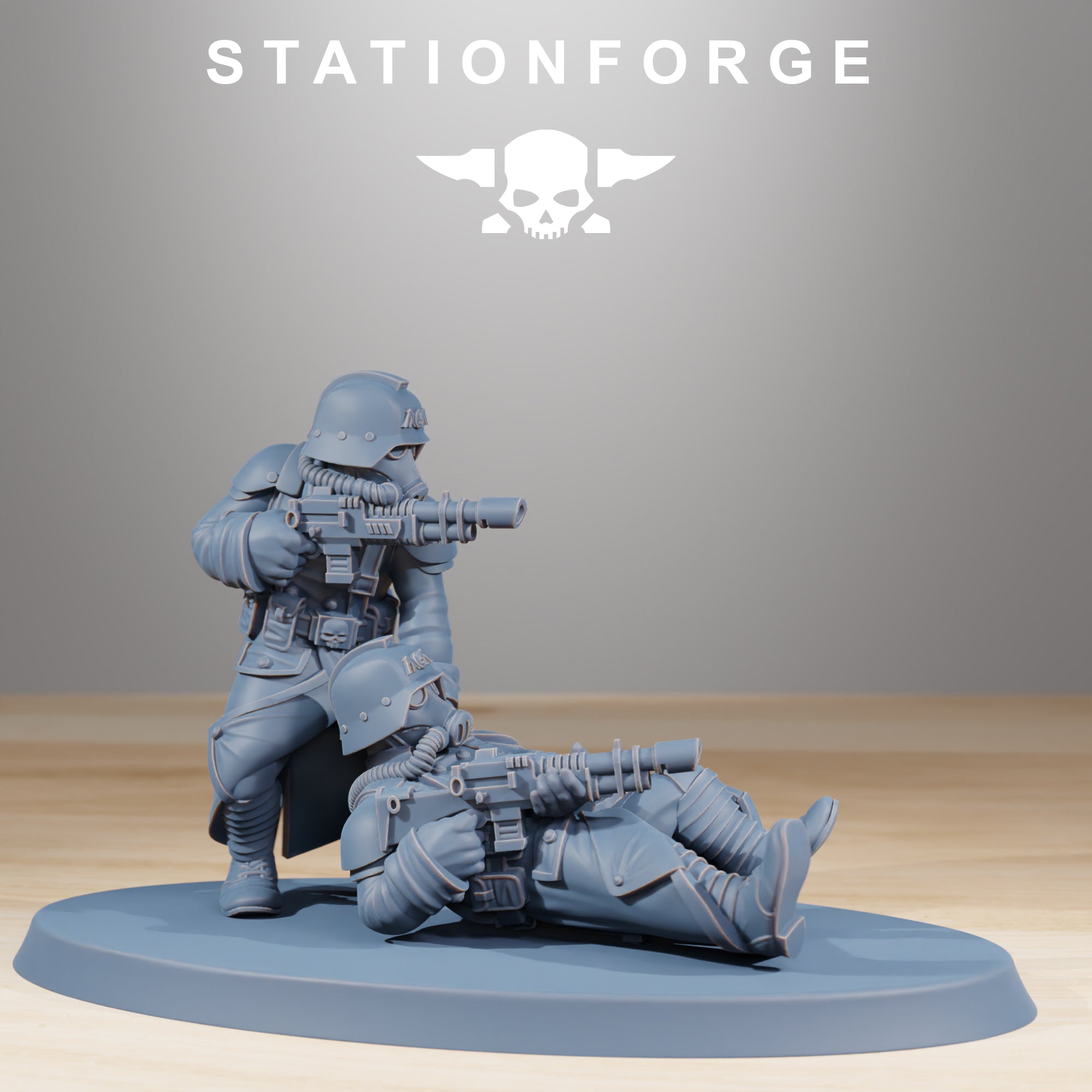 GrimGuard Casualties resin miniatures featuring one soldier carrying another wounded soldier while a second trench fighter stands nearby.
