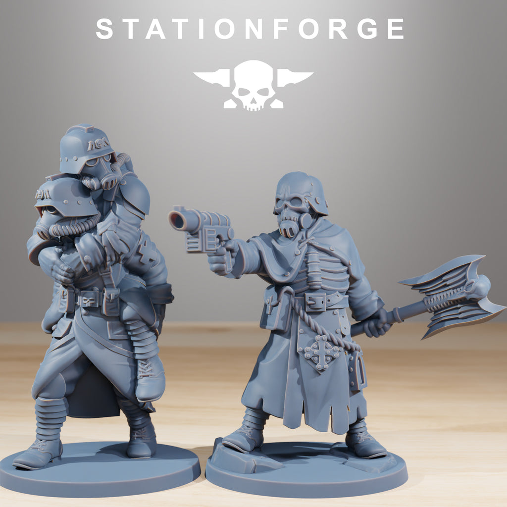 GrimGuard Casualties resin miniatures showing a grimdark trench character with weapon, mask, robes, and battlefield rescue detail.