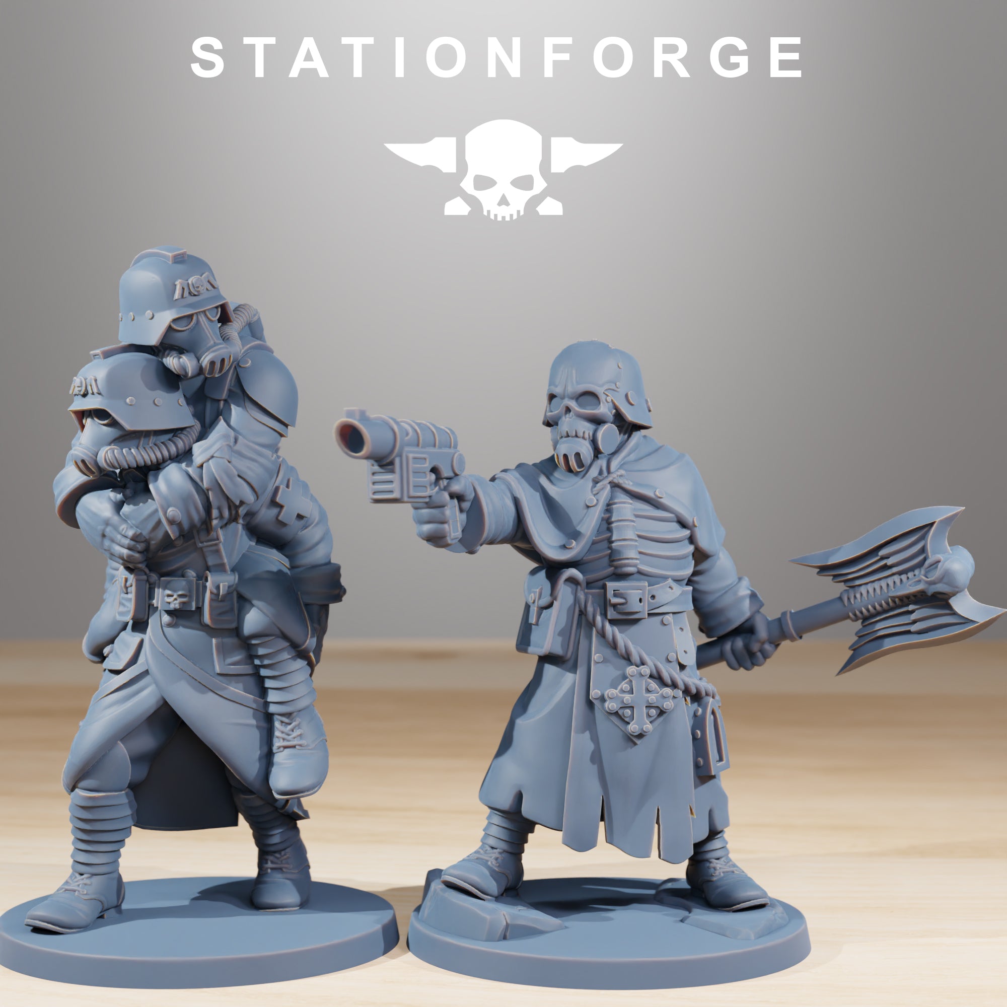 GrimGuard Casualties resin miniatures showing a grimdark trench character with weapon, mask, robes, and battlefield rescue detail.