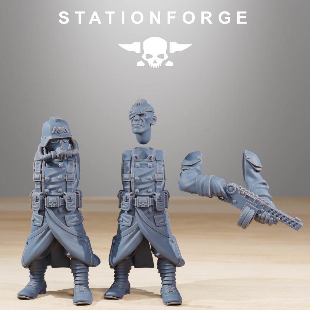 Grimguard Combatants modular parts by Station Forge showing torsos, backpacks, weapon arms, heads, rifles, pistols, and melee options.
