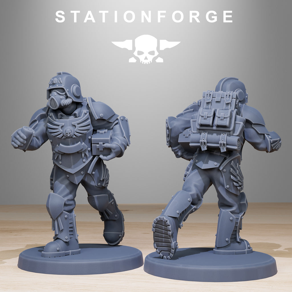 Grimguard Elite resin miniature shown as a close-up from front and back with heavy armor, gas-mask helmet, medical box, backpack, and sci-fi infantry gear.