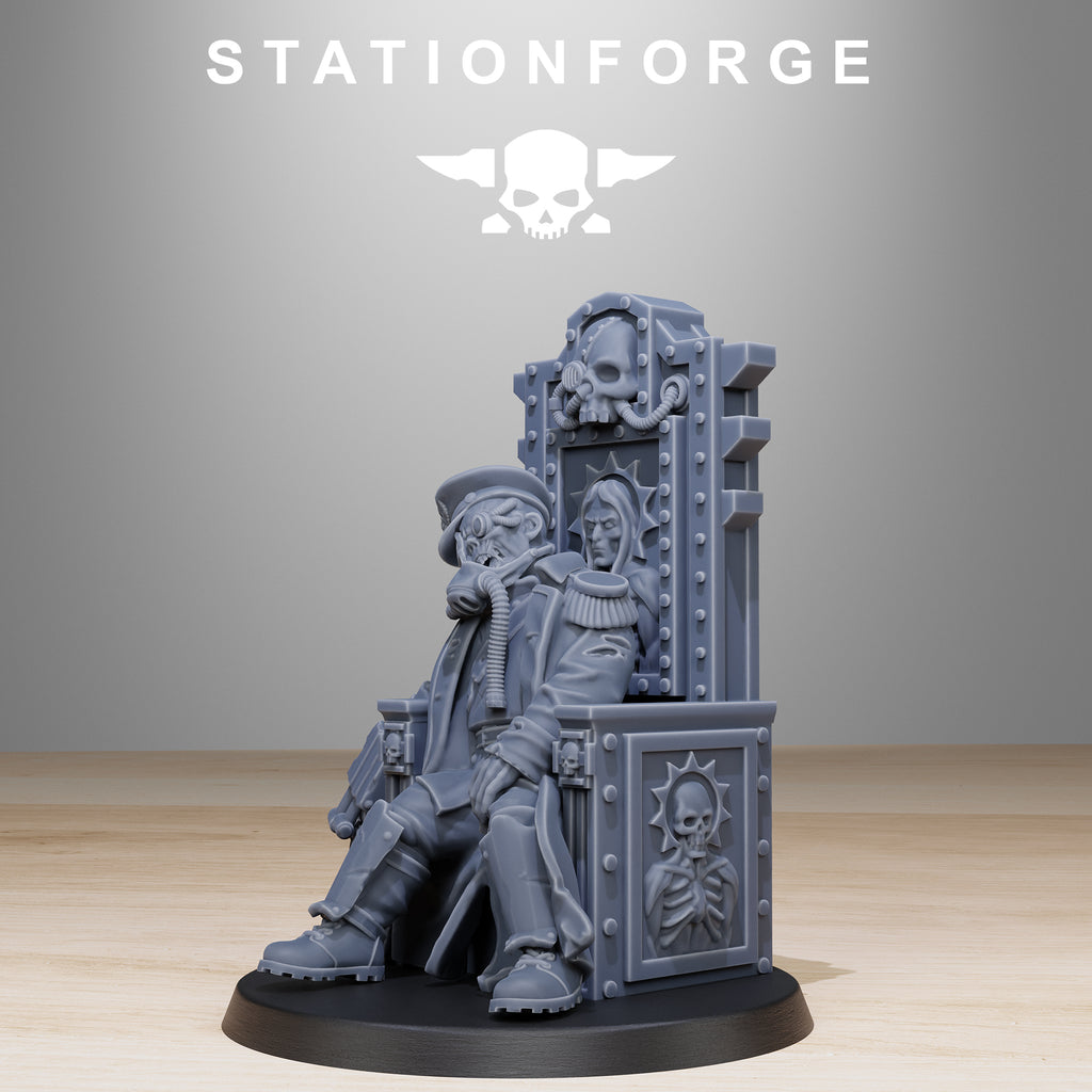 Angled view of GrimGuard The Fallen Officer resin miniature with trench coat, armored boots, damaged uniform, throne details, and grimdark sci-fi styling.