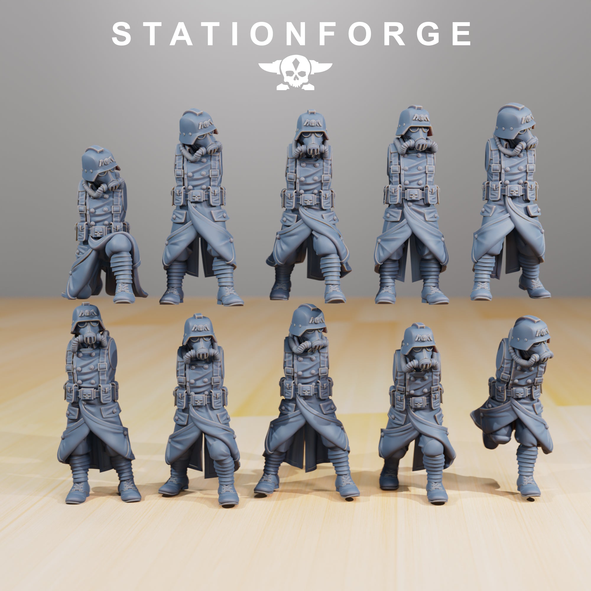 Multiple Grimguard Infantry Builder torsos and legs in gray resin, showing pose variety and uniform details.