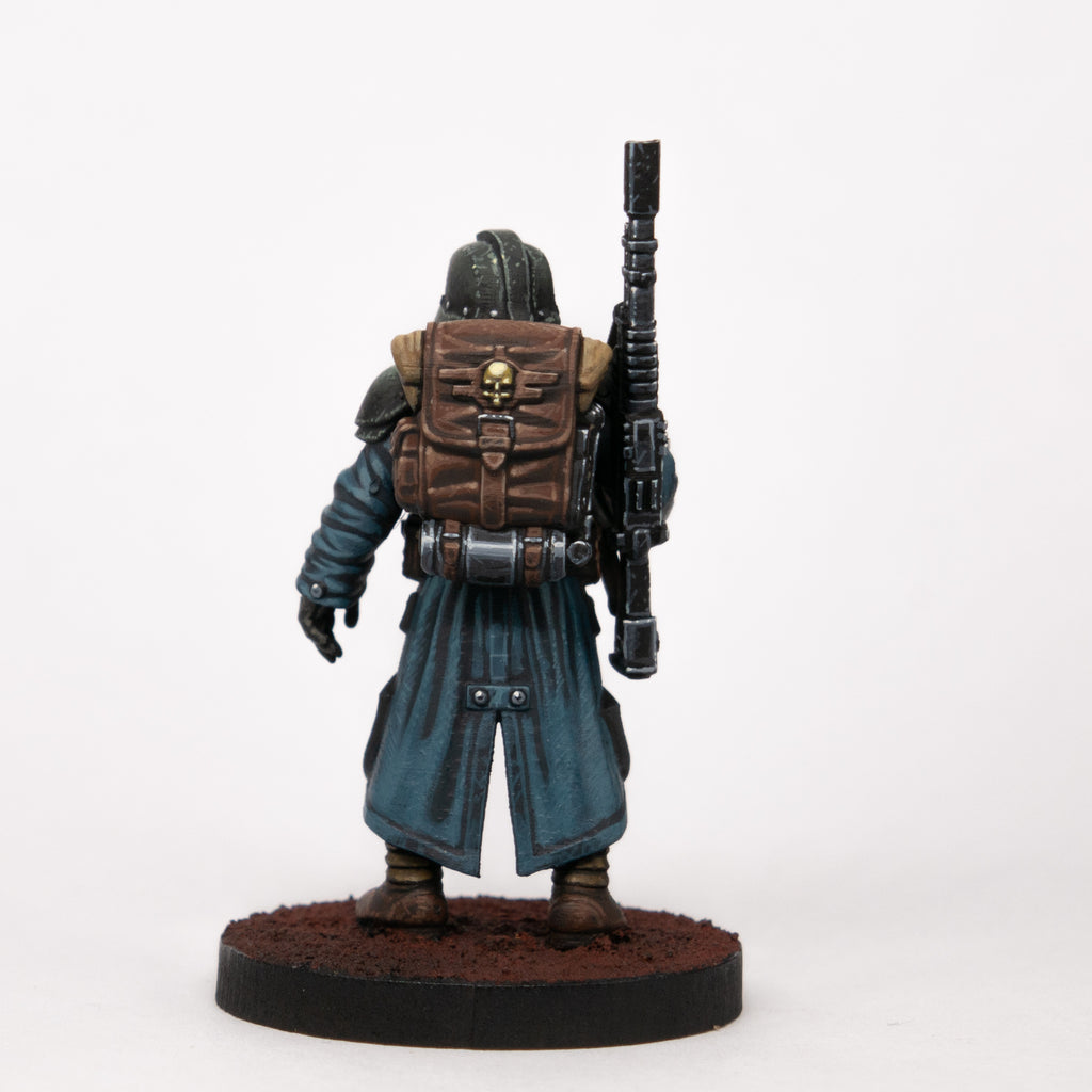 Painted Grimguard Infantry Builder single miniature rear view by Station Forge with blue coats, gas masks, rifles, and varied poses.