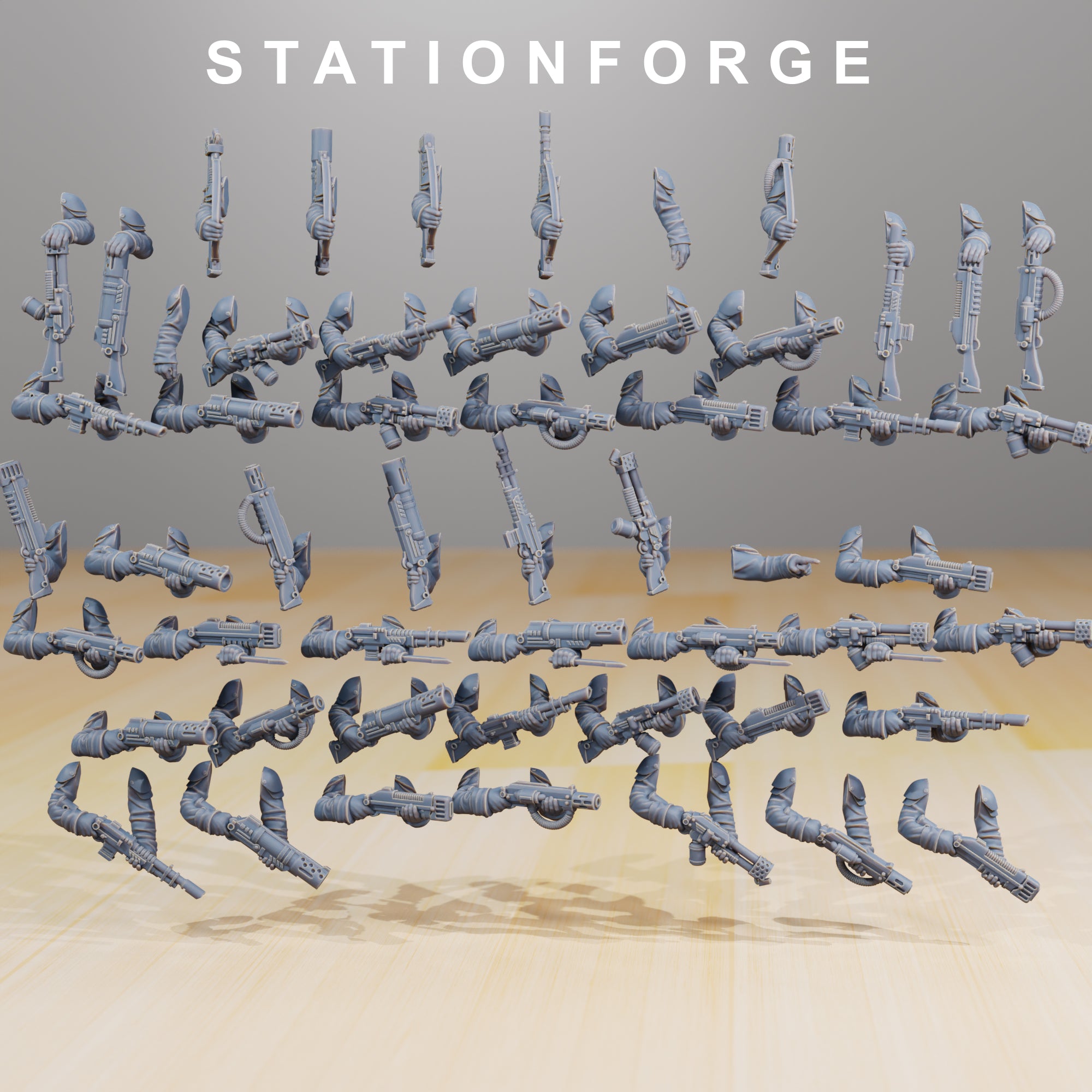 Large selection of Grimguard Infantry Builder resin arms and weapons laid out for modular customization.