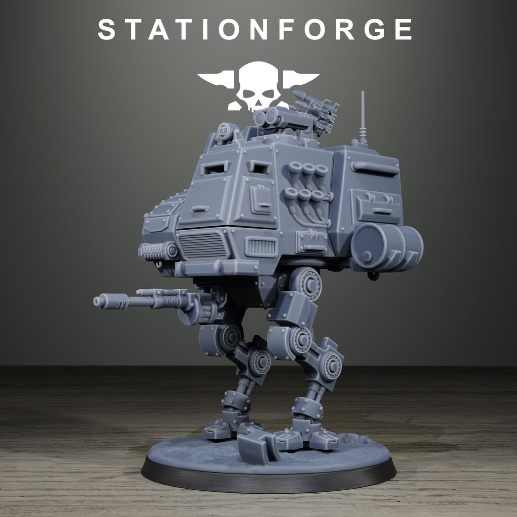 Front angled view of the GrimGuard Light Walker sci-fi armored walker by Station Forge