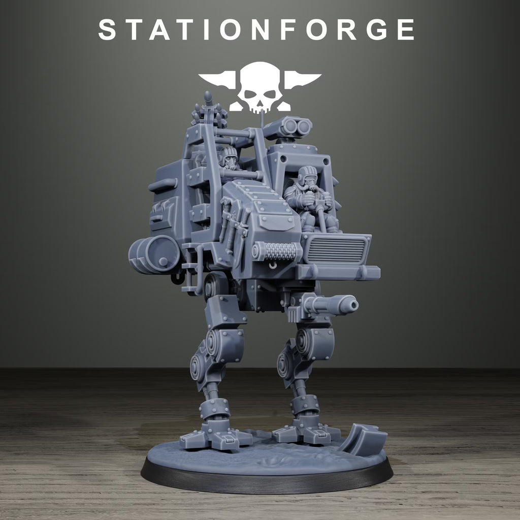 Two GrimGuard Light Walker build configurations by Station Forge, showing alternate armored cabin and weapon layouts