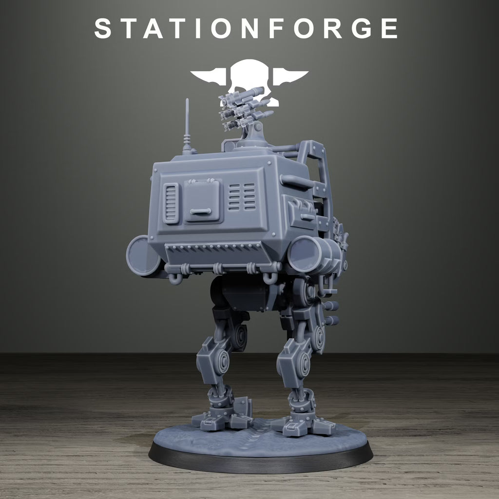 Rear view of the GrimGuard Light Walker sci-fi armored walker by Station Forge