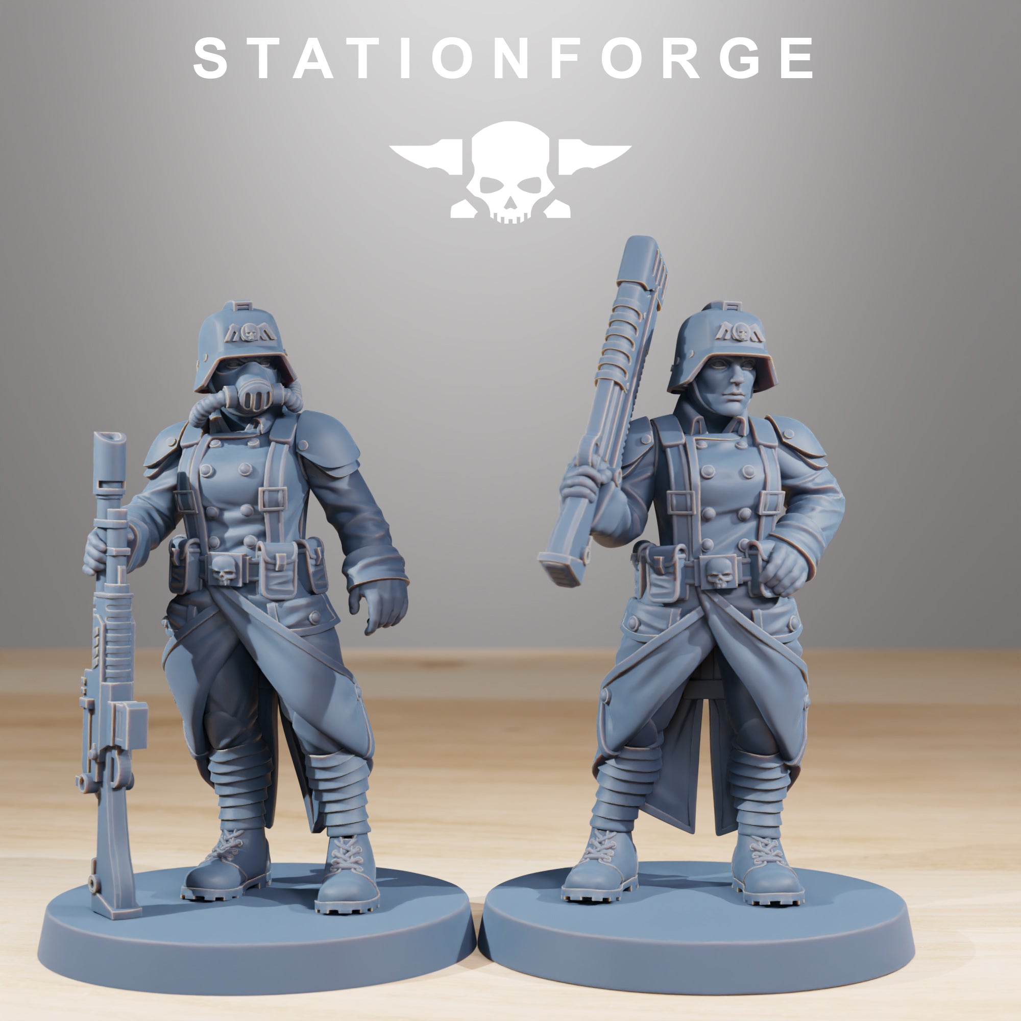 Two GrimGuard Sisters of War resin miniatures by Station Forge, including one with a rifle and one holding a club-like melee weapon.