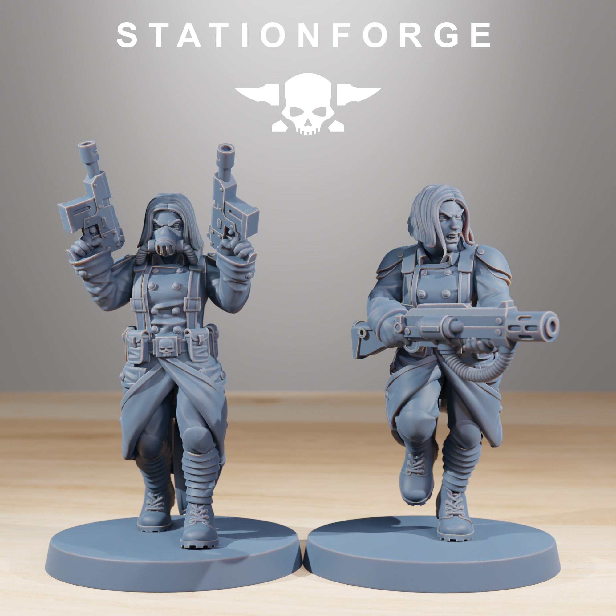 Two GrimGuard Sisters of War sci-fi resin miniatures, including one with dual pistols and one running with a heavy weapon.