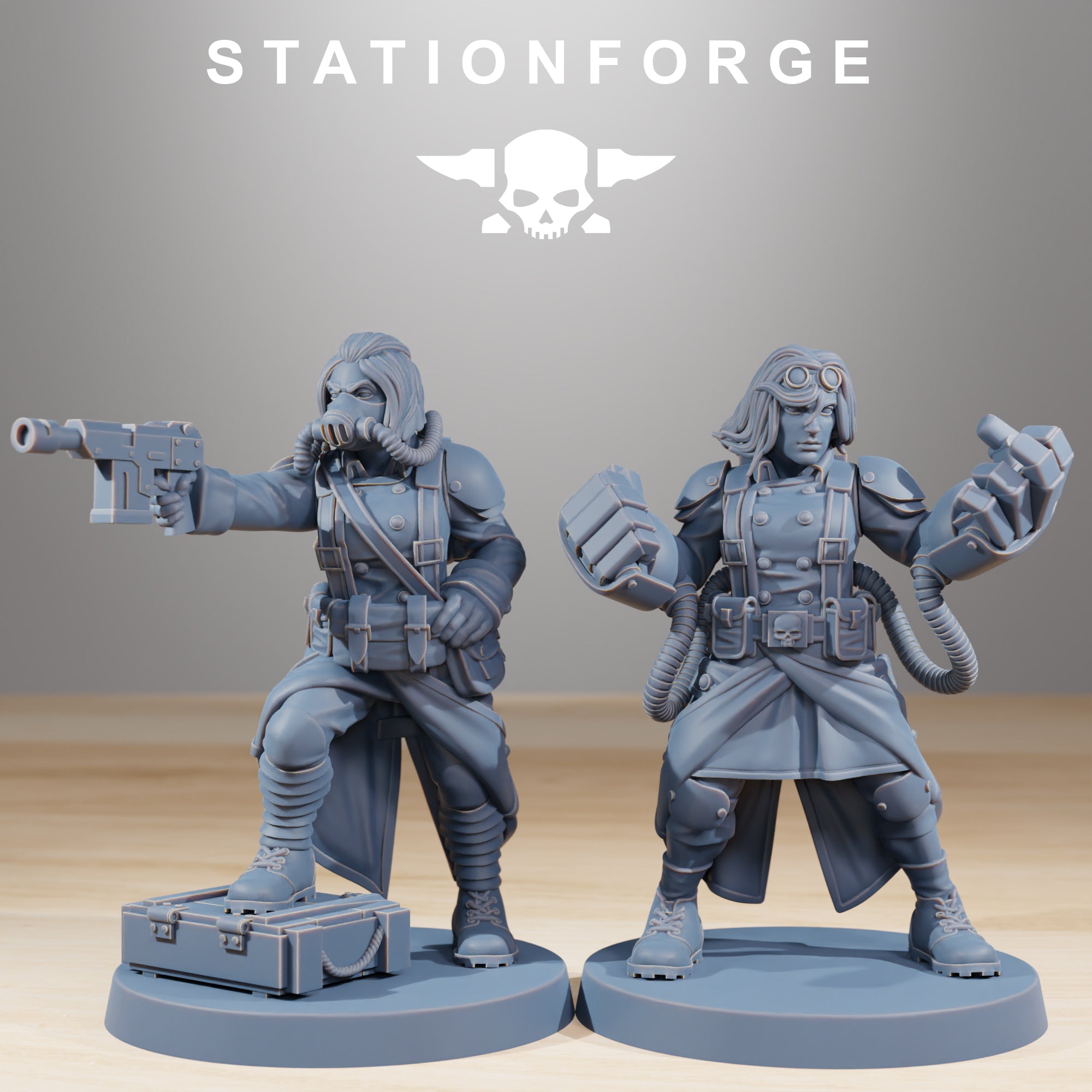 Two GrimGuard Sisters of War resin miniatures, including one aiming a pistol and one with large gauntlet-style weapons and goggles.