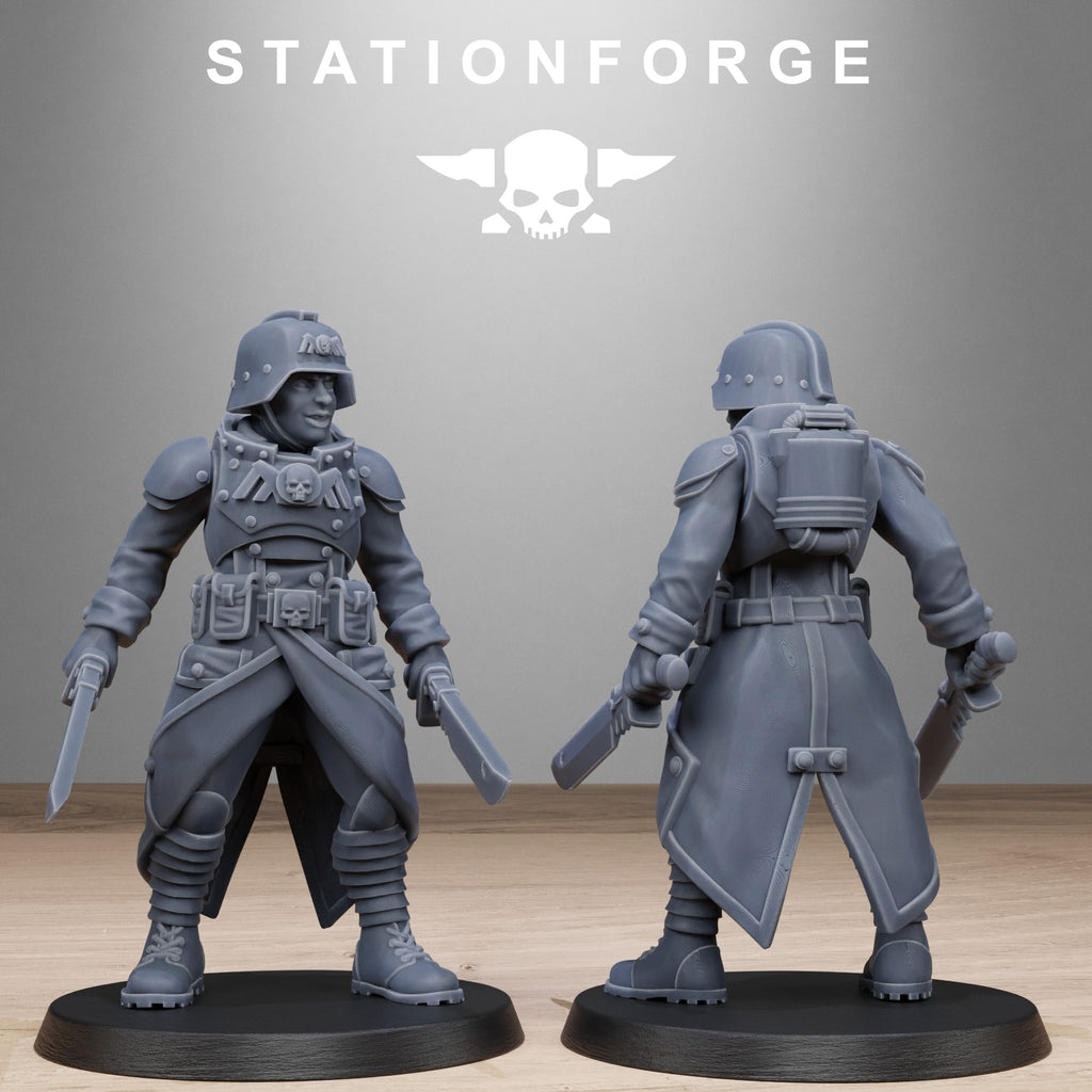 GrimGuard Steel Sister resin miniature shown from front and rear with gas mask, trench coat, backpack, armor, and weapons.