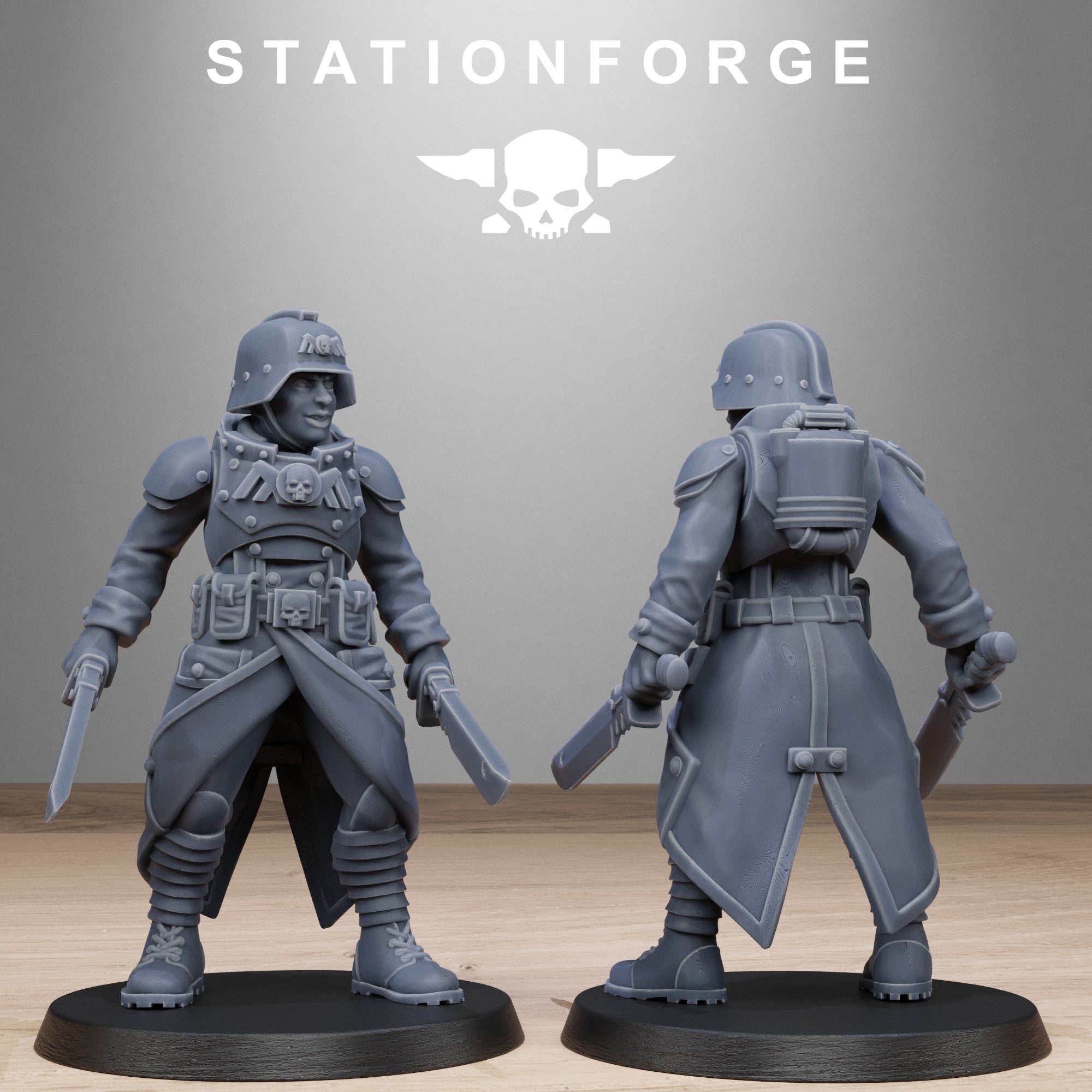 GrimGuard Steel Sister resin miniature shown from front and rear with gas mask, trench coat, backpack, armor, and weapons.