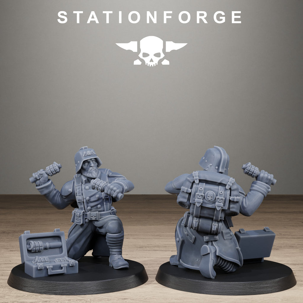 GrimGuard Trench Raider resin miniature holding grenades with gas mask, long coat, backpack, and grimdark sci-fi battlefield gear.