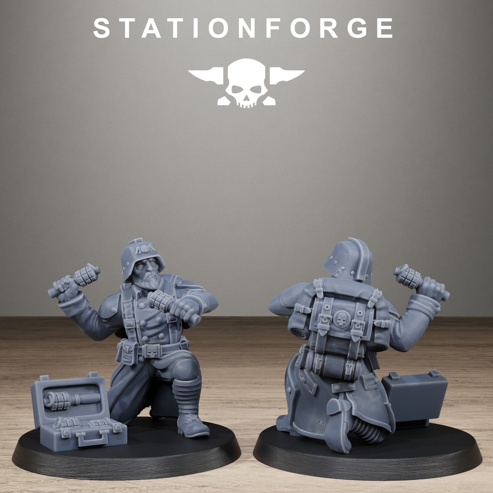 GrimGuard Trench Raider resin miniature holding grenades with gas mask, long coat, backpack, and grimdark sci-fi battlefield gear.