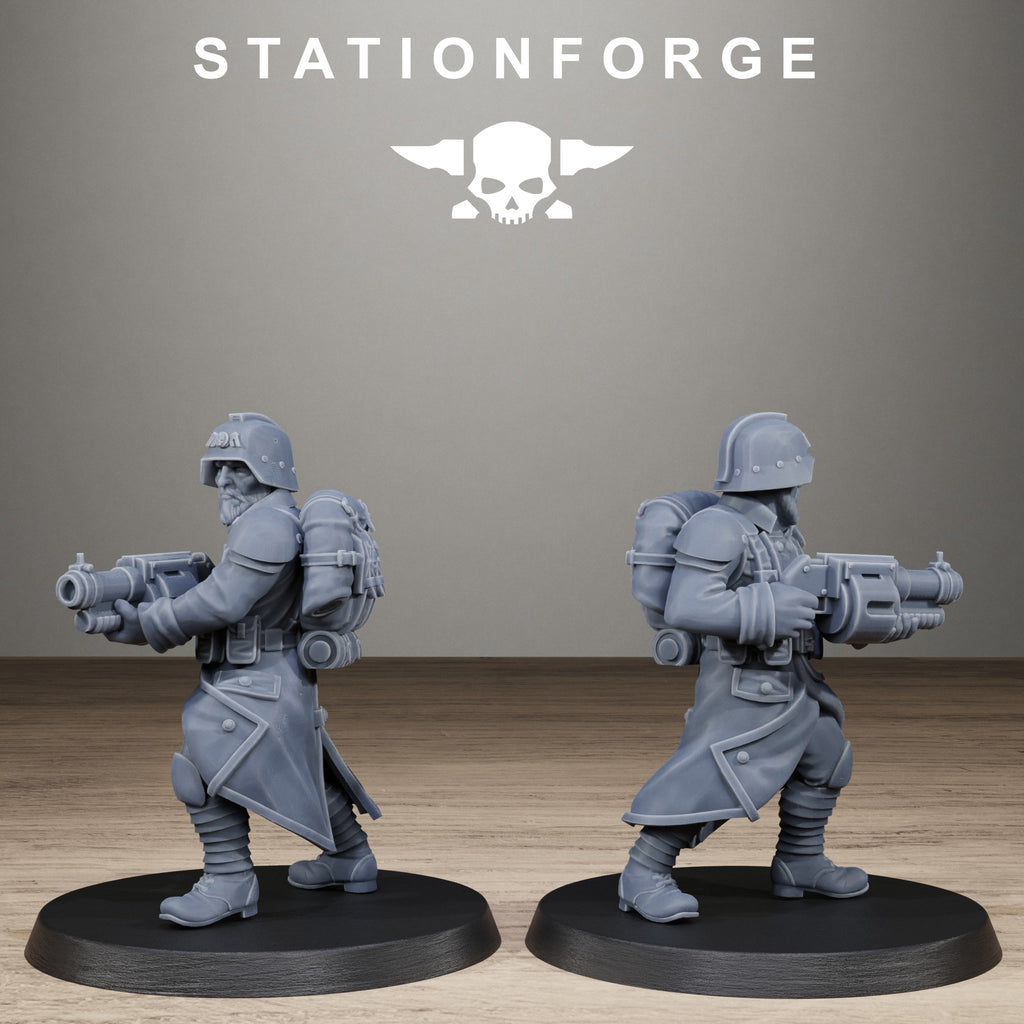 GrimGuard Trench Raider resin miniature shown from side and rear with large sci-fi weapon, pack, coat, armor, and battlefield equipment.