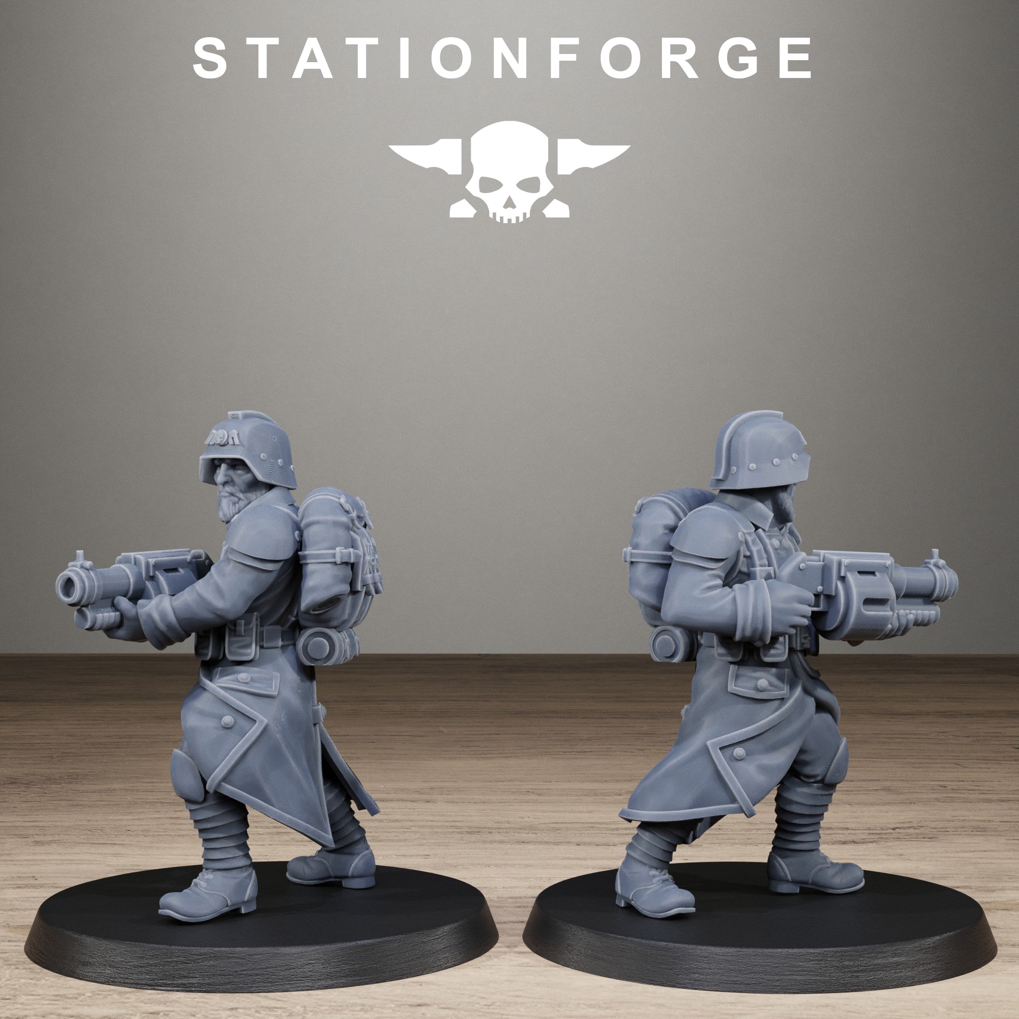 GrimGuard Trench Raider resin miniature shown from side and rear with large sci-fi weapon, pack, coat, armor, and battlefield equipment.