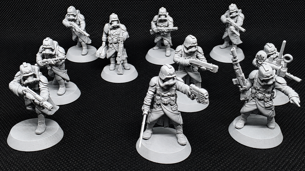 Ten pre-assembled GrimGuard sci-fi trench infantry miniatures posed as a complete squad on round bases.