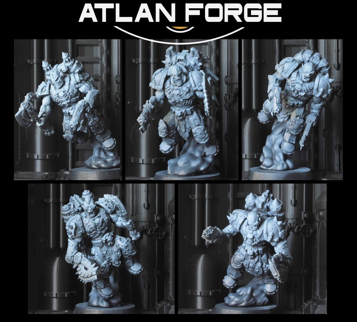 Five Grokk Skyrender sci-fi orc miniatures shown individually with varied jump rigs, armor, firearms, axes, and blades
