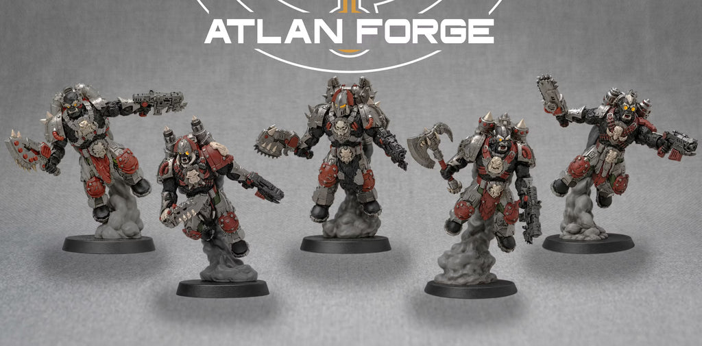Five painted Grokk Skyrenders by Atlan Forge wearing heavy armor and descending on jump rigs with guns, axes, and melee weapons
