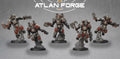 Five painted Grokk Skyrenders by Atlan Forge wearing heavy armor and descending on jump rigs with guns, axes, and melee weapons
