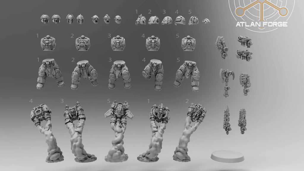 Grokk Skyrenders modular components showing five body poses, jump rigs, smoke trails, helmets, heads, armor, guns, axes, and blades