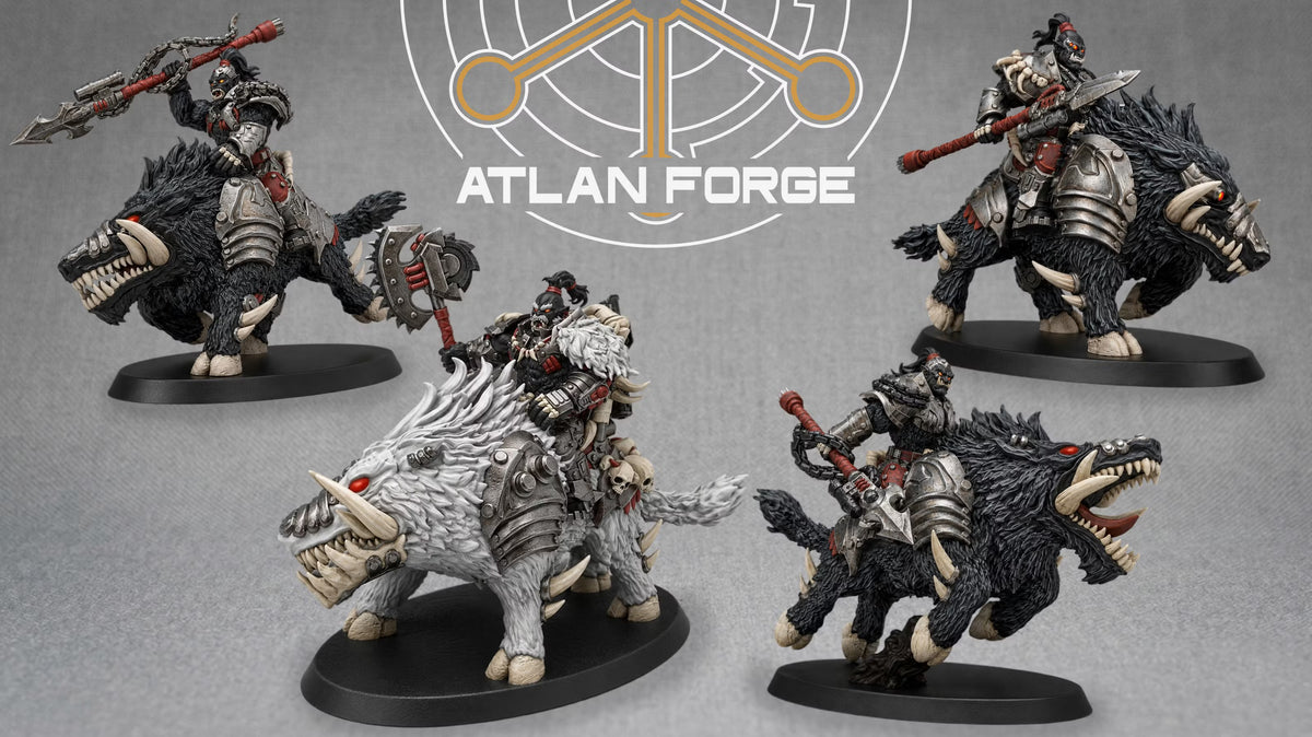 Four painted Grokk Warboar Riders by Atlan Forge with armored monstrous boars, sci-fi orc riders, axes, spears, and heavy polearms