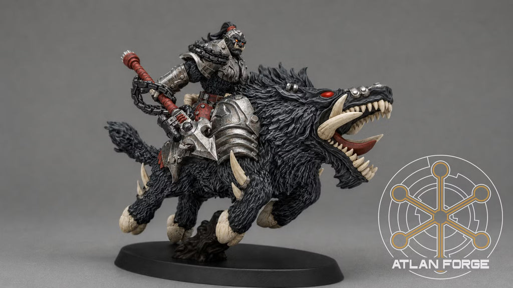 Grokk Warboar Rider charging on an armored black warboar while carrying a chain-wrapped polearm with an integrated firearm